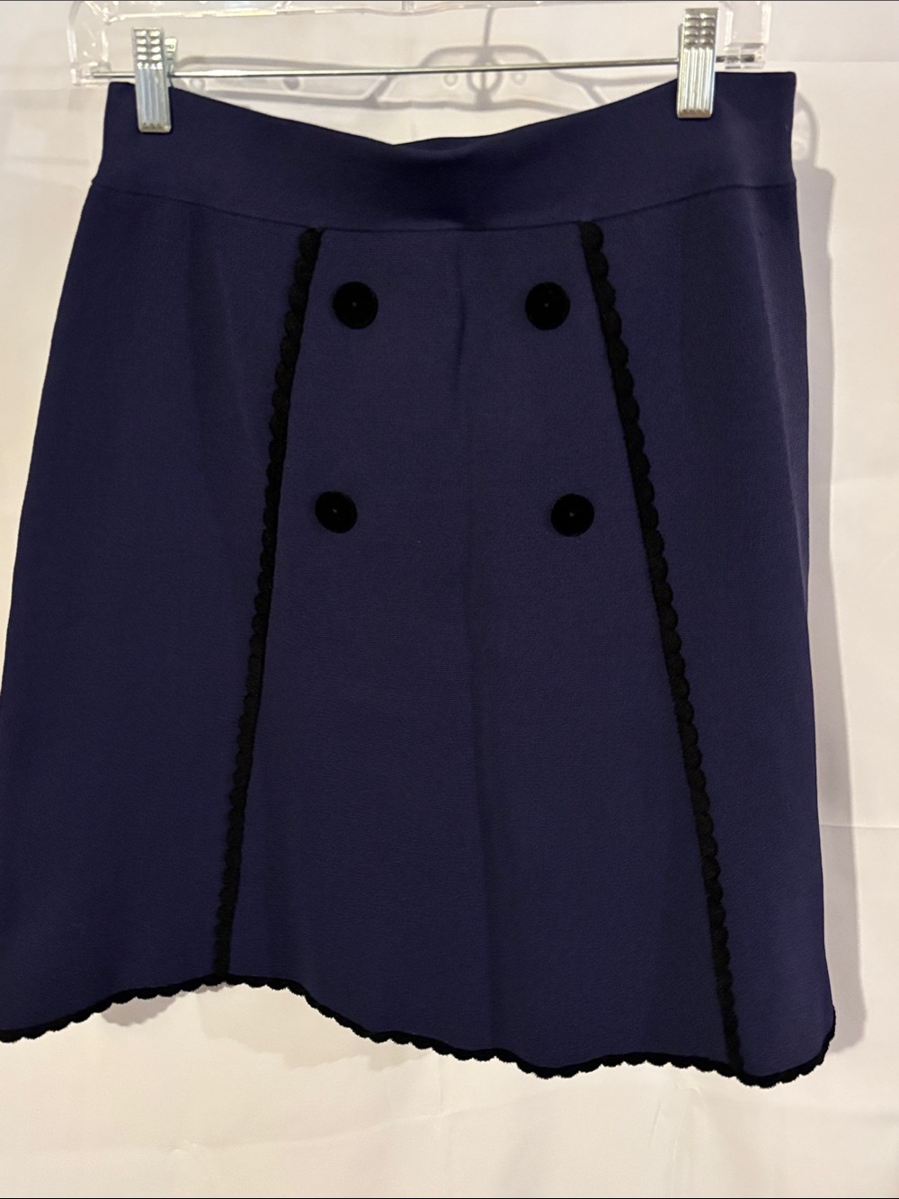 SANDRO Paris Classic Navy A-Line Skirt with Black Braid Trim